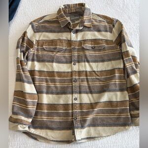 Royal Robbins Striped Shirt Jacket in Cream, Brown & Blue